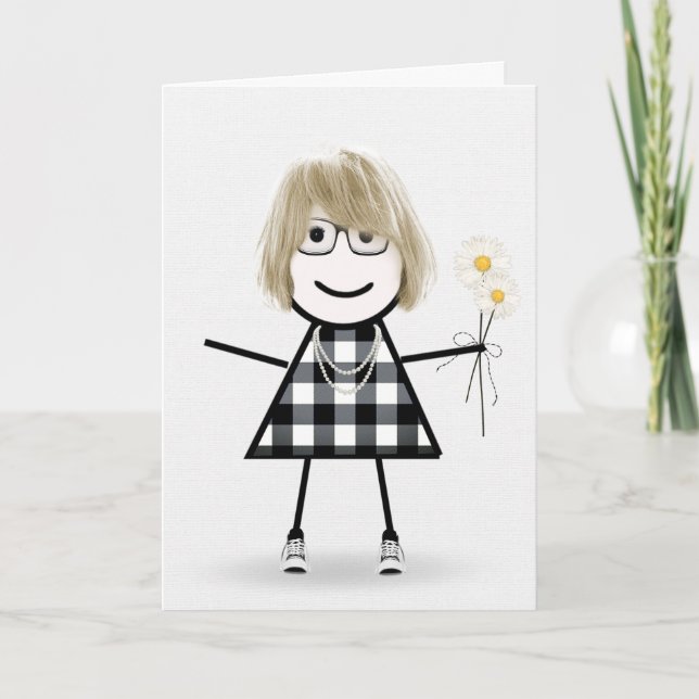 Birthday Stick Girl With Daisies  Card (Front)