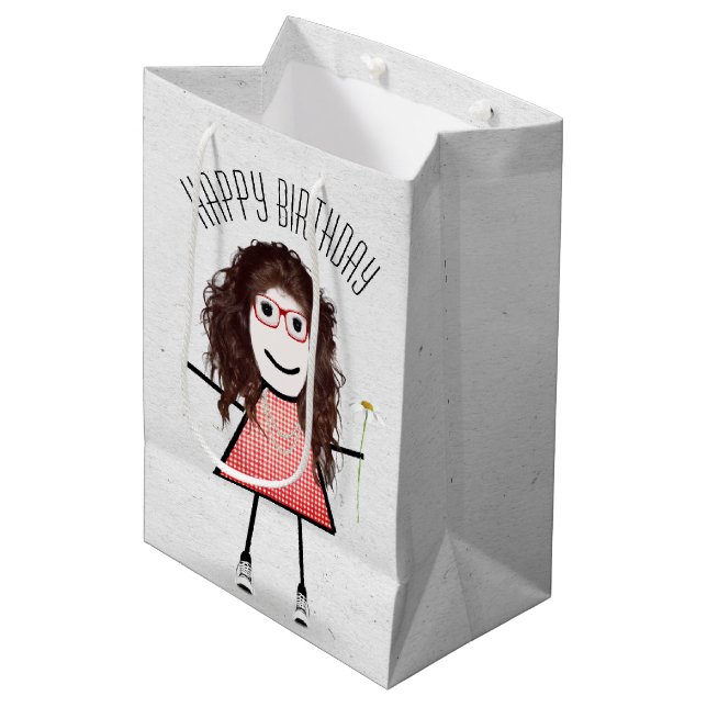Birthday Stick Girl with Daisy Medium Gift Bag (Front Angled)