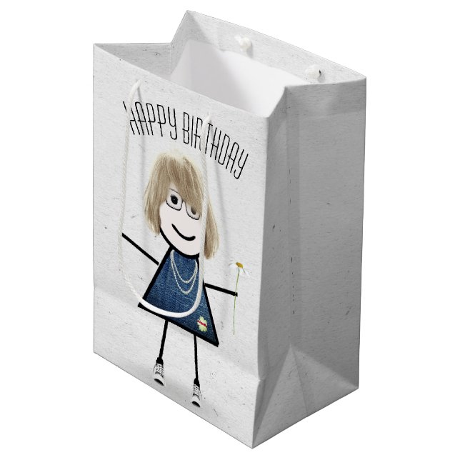 Birthday Stick Girl with Daisy  Medium Gift Bag (Front Angled)