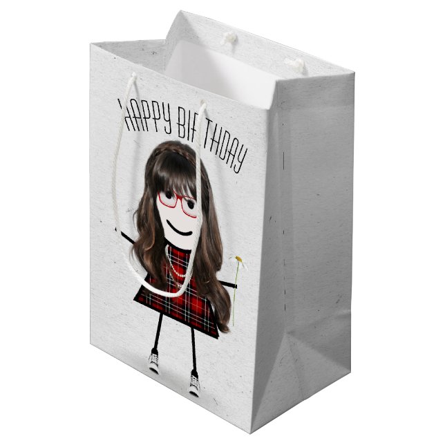 Birthday Stick Girl with Daisy Medium Gift Bag (Front Angled)