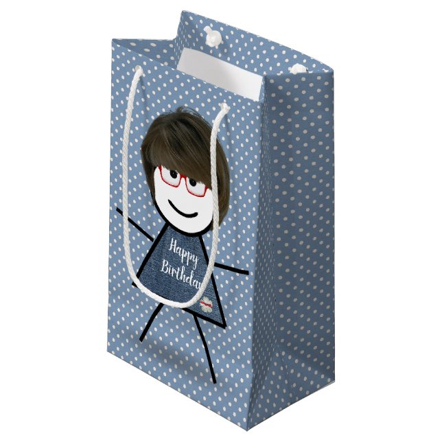 Birthday Stick Girl With Hair on Dots Small Gift Bag (Front Angled)