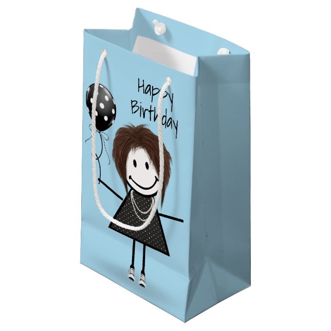 Birthday Stick Girl with Polka Dot Balloon   Small Gift Bag (Front Angled)