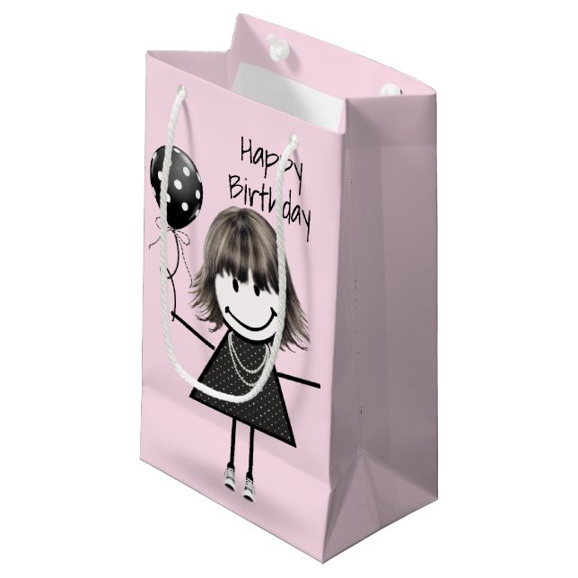 Birthday Stick Girl with Polka Dot Balloon Small Gift Bag (Front Angled)