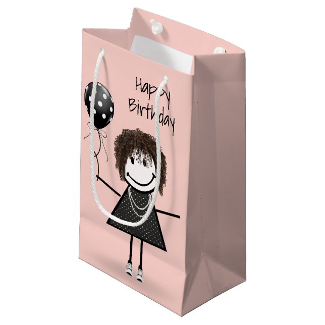Birthday Stick Girl with Polka Dot Balloon  Small Gift Bag (Front Angled)