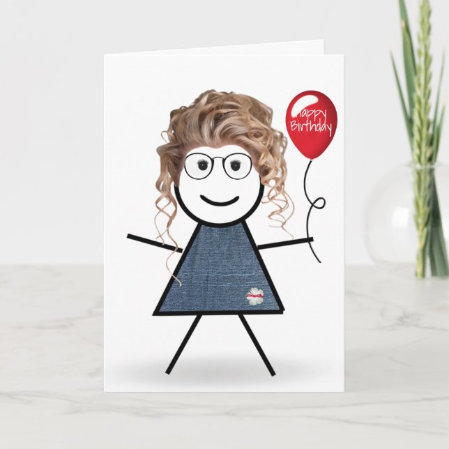 Birthday Stick Girl with Red Balloon Card (Front)