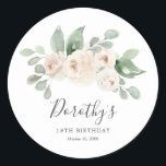 Birthday Sticker Custom 18th White Rose Floral<br><div class="desc">White roses are nestled in soft sage green eucalyptus leaves. The guest of honour's name,  18th Birthday and the date follow. All text is editable.</div>