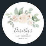 Birthday Sticker Custom 18th White Rose Floral<br><div class="desc">White roses are nestled in soft sage green eucalyptus leaves. The guest of honour's name,  18th Birthday and the date follow. All text is editable.</div>