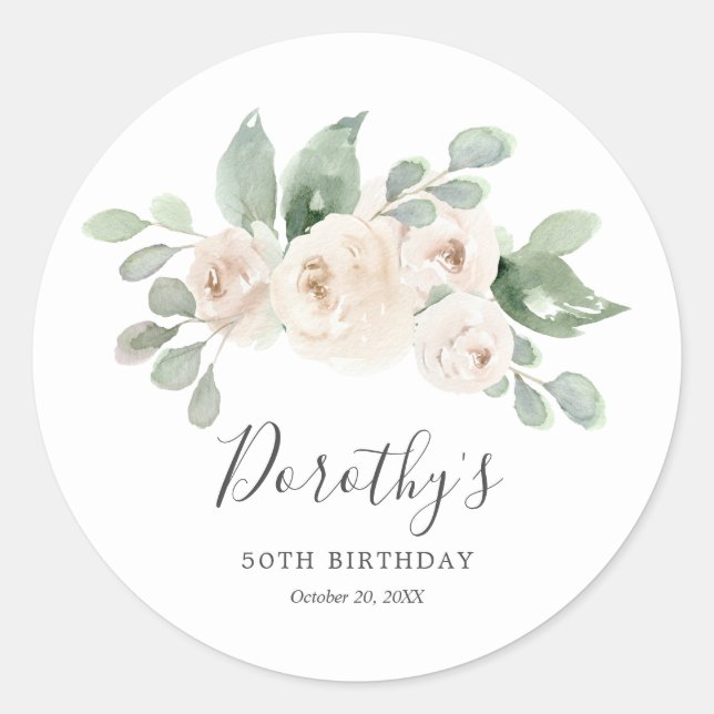 Birthday Sticker Custom 50th White Rose Floral  (Front)