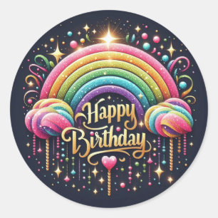 Birthday sticker-glittre rainbow classic round sticker