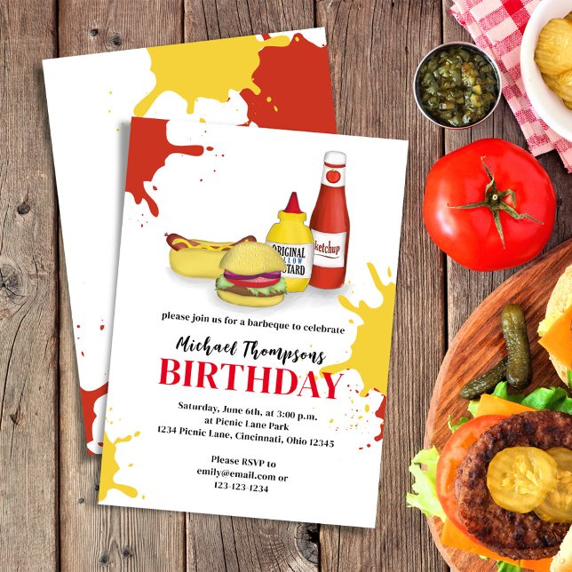 Birthday Summer BBQ Custom Party Invitation (Birthday invitation with hamburger, hotdog, ketchup, and mustard.)