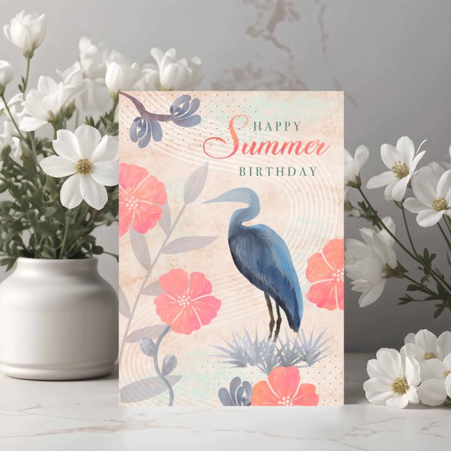 Birthday Summer Leaves Flowers and Heron  Card (Creator Uploaded)