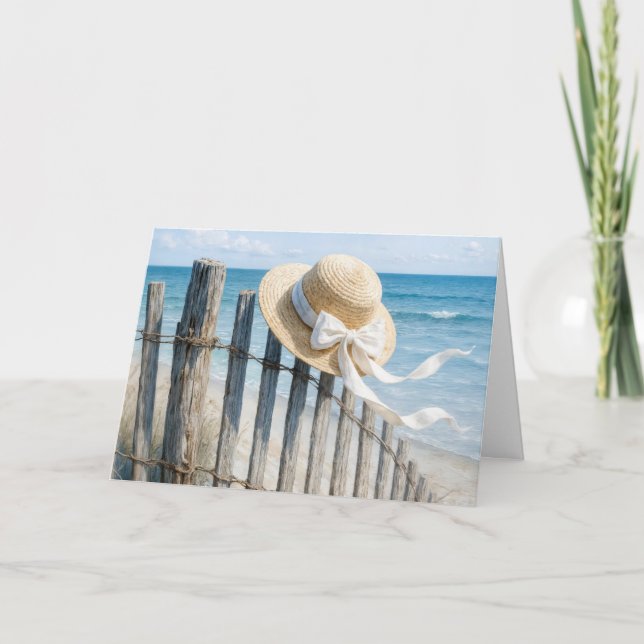 Birthday Summer Straw Hat On Beach Fence Card (Front)