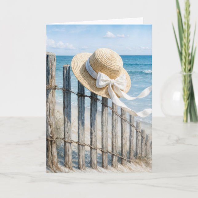 Birthday Summer Straw Hat On Beach Fence Card (Front)