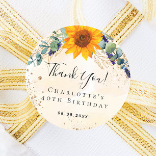 Birthday sunflower eucalyptus glitter thank you classic round sticker