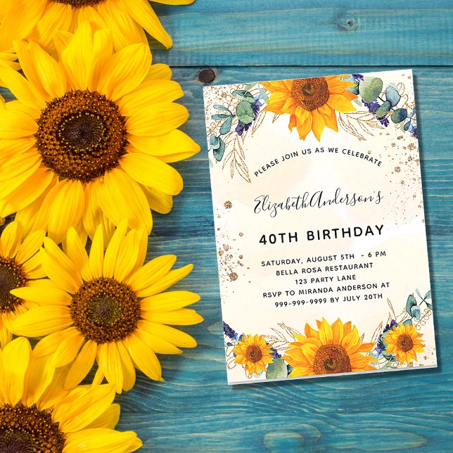 Birthday sunflower eucalyptus greenery glitter invitation (Creator Uploaded)