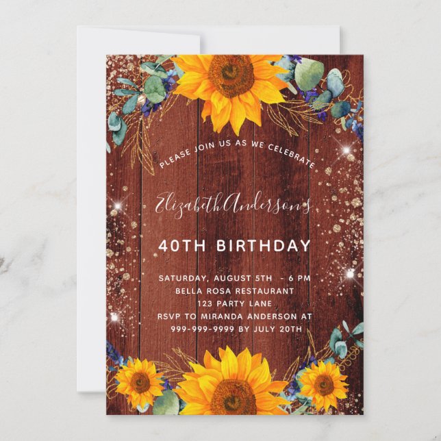 Birthday sunflower eucalyptus rustic brown wood invitation (Front)
