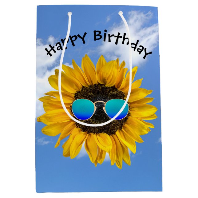 Birthday Sunflower with Retro Sunglasses Medium Gift Bag (Front)