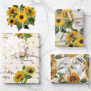 Birthday Sunflowers & Bees Add Name 3 Gift Wrapping Paper Sheet