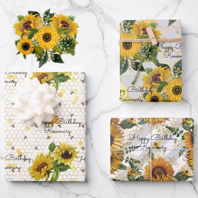 Birthday Sunflowers & Bees Add Name 3 Gift Wrapping Paper Sheet (Creator Uploaded)