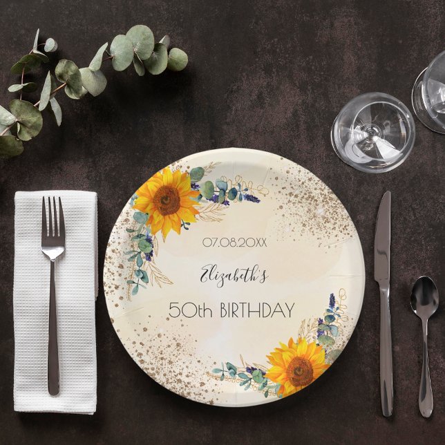 Birthday sunflowers eucalyptus greenery glitter paper plate (Creator Uploaded)