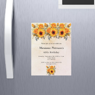Birthday sunflowers greenery rustic yellow luxury magnetic invitation