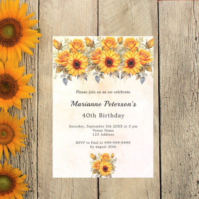 Birthday sunflowers greenery rustic yellow orange invitation (Creator Uploaded)