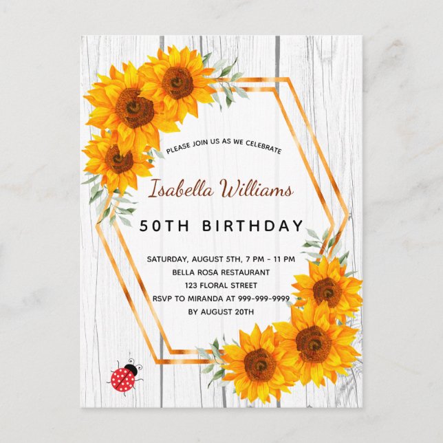 Birthday sunflowers rustic white wood invitation postcard (Front)
