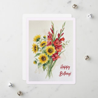 Birthday sunflowers watercolour floral red glads  holiday card