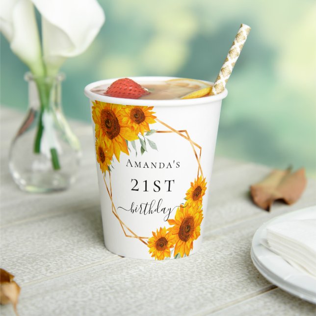 Birthday sunflowers white gold geometric name  paper cups (Insitu)