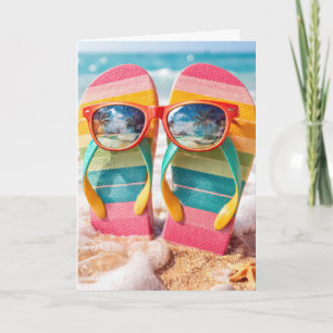 Birthday Sunglasses On Flip-flops In Beach Sand Card