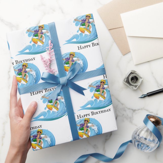 Birthday Surfer on Blue Wave    Wrapping Paper (Gifting)