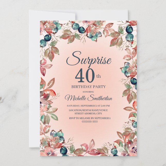 Birthday Surprise 40th Women Pink Teal Floral Invitation (Front)