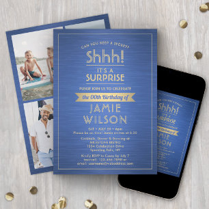Birthday Surprise Party Brushed Royal Blue 4 Photo Invitation