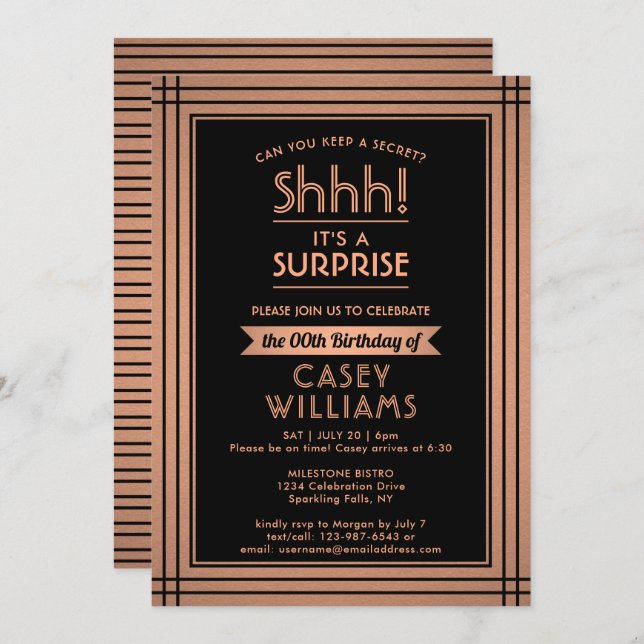 Birthday Surprise Party Elegant Black and Copper Invitation (Front/Back)