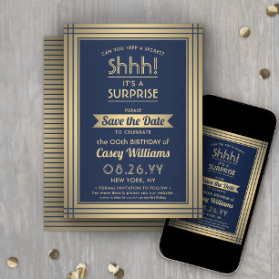 Birthday Surprise Party Elegant Navy Blue and Gold Save The Date