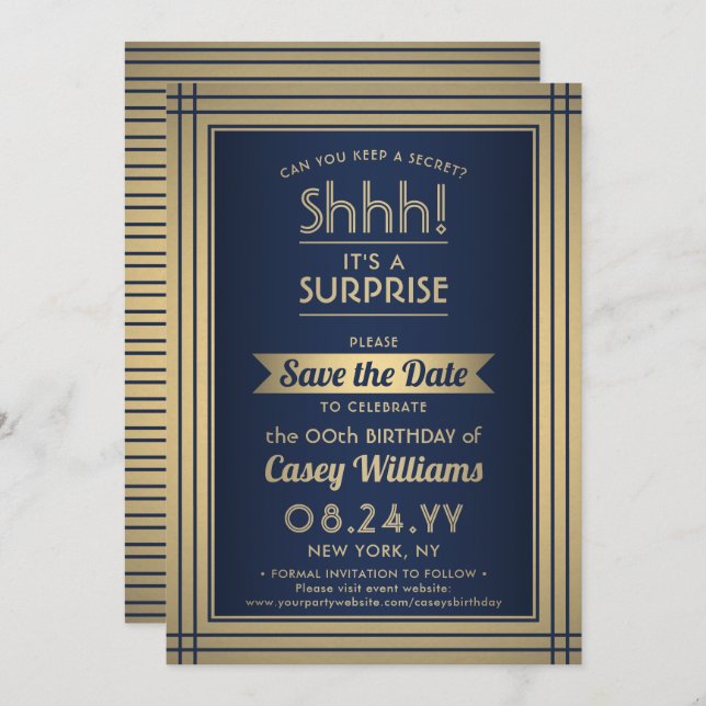 Birthday Surprise Party Elegant Navy Blue and Gold Save The Date (Front/Back)