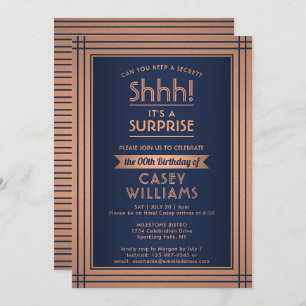 Birthday Surprise Party Elegant Navy Blue & Copper Invitation