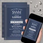 Birthday Surprise Party Elegant Navy Blue & White Invitation<br><div class="desc">Can you keep a secret? Invite family and friends to an elegant and exciting surprise birthday celebration with custom navy blue and white party invitations. All wording on this template is simple to personalise, including message that reads "Shhh! It's a SURPRISE." The design features a modern striped border on a...</div>