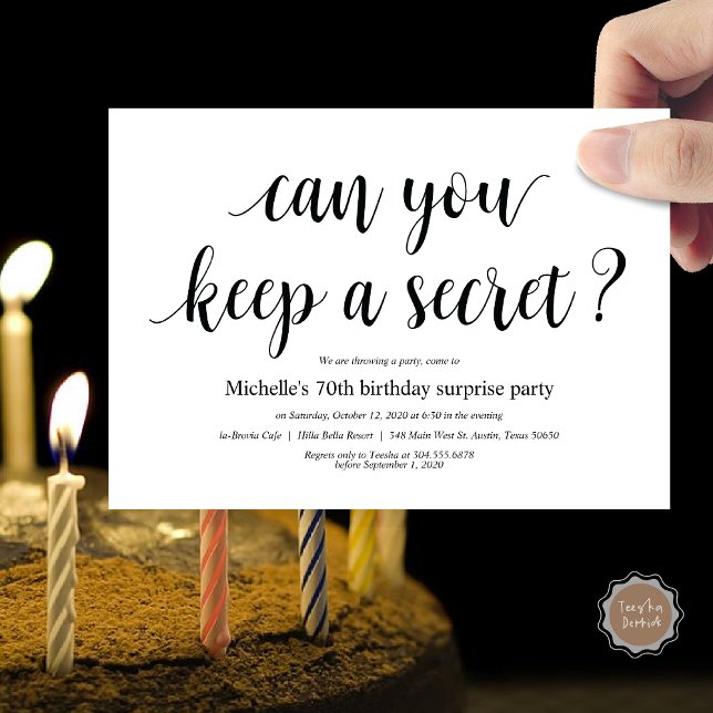 Birthday surprise party invitation cards (Can you keep a secret ?  Surprise Birthday invitation card, pdf, modern script, in black and white)