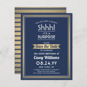Birthday Surprise Party Navy Blue, White and Gold Save The Date