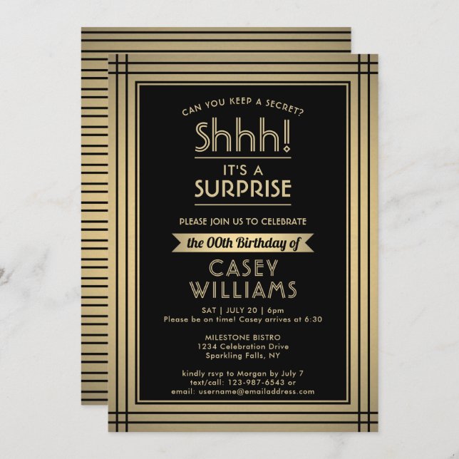 Birthday Surprise Party Shhh! Elegant Black & Gold Invitation (Front/Back)