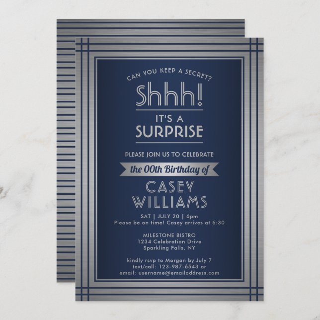 Birthday Surprise Party Shhh! Elegant Navy Blue Invitation (Front/Back)