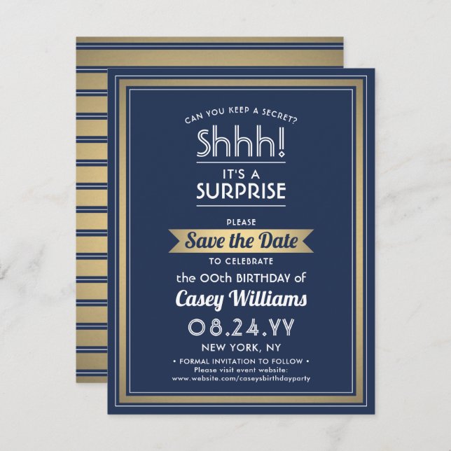Birthday Surprise Party Shhh! Navy Blue and Gold Save The Date (Front/Back)