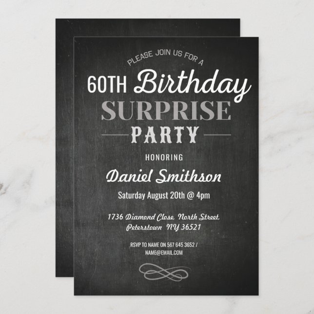 Birthday Surprise Rustic Chalk Mens Womens Invite (Front/Back)