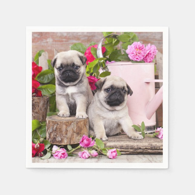 Birthday Sweet Baby Pugs Floral Party Napkin (Front)