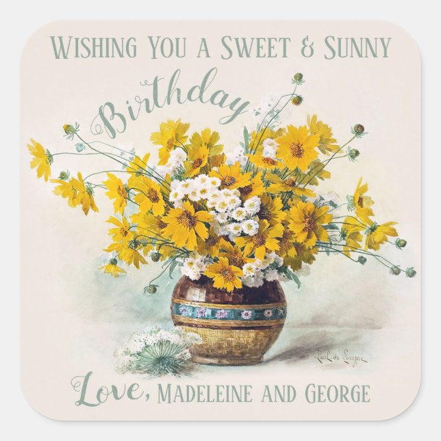 Birthday Sweet & Sunny De Longpre flowers CC1015 Square Sticker (Front)