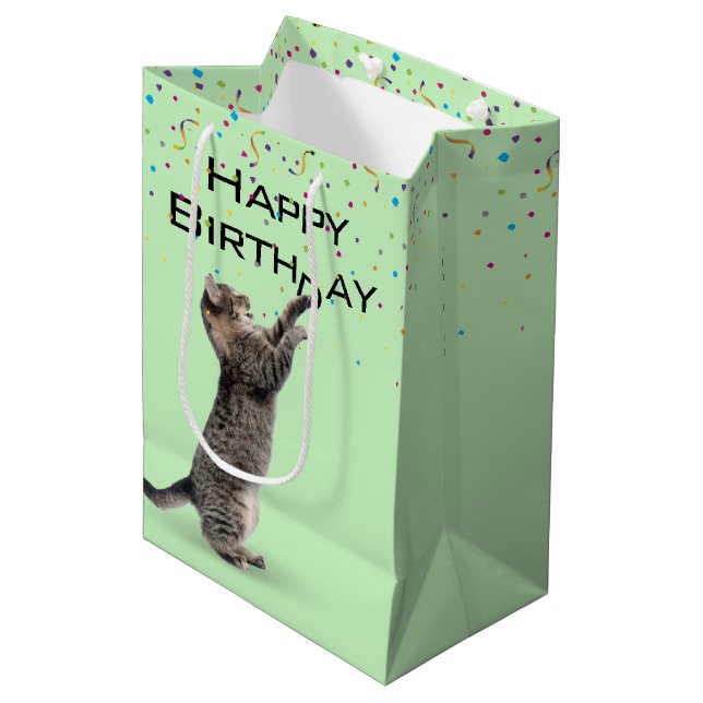 Birthday Tabby Cat with Confetti   Medium Gift Bag (Front Angled)