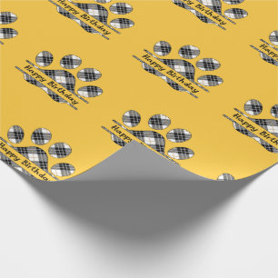 Birthday Tartan Plaid Paw Print On Gold Wrapping Paper