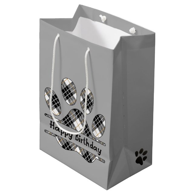 Birthday Tartan Plaid Paw Print On Grey Medium Gift Bag (Front Angled)