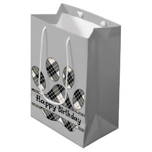 Birthday Tartan Plaid Paw Print On Grey Medium Gift Bag